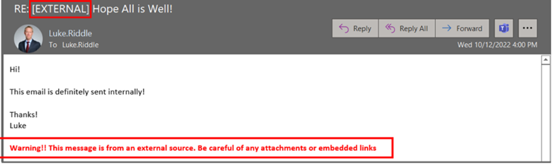 External email warning screenshot