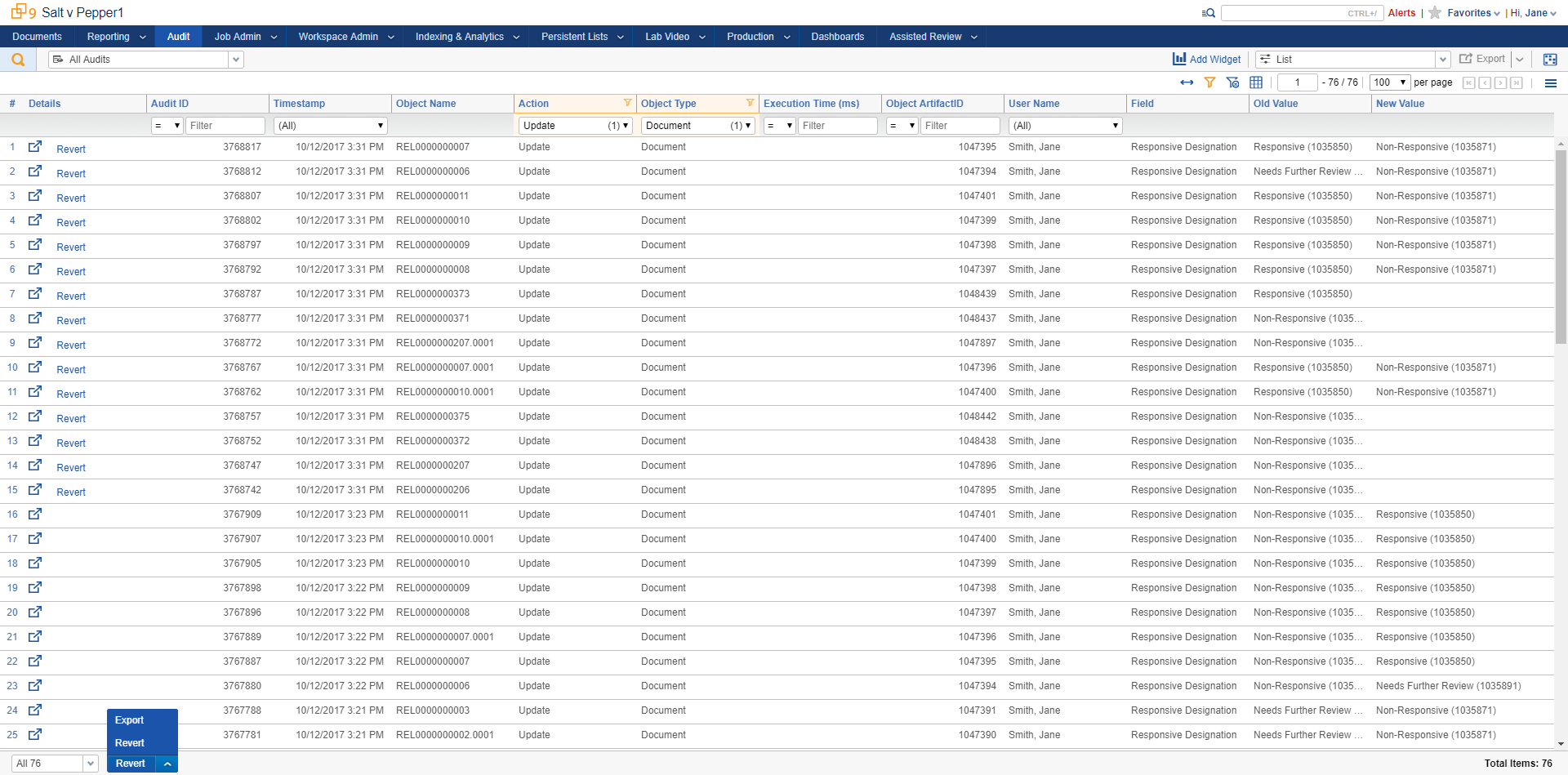 SCR Mass Revert document list