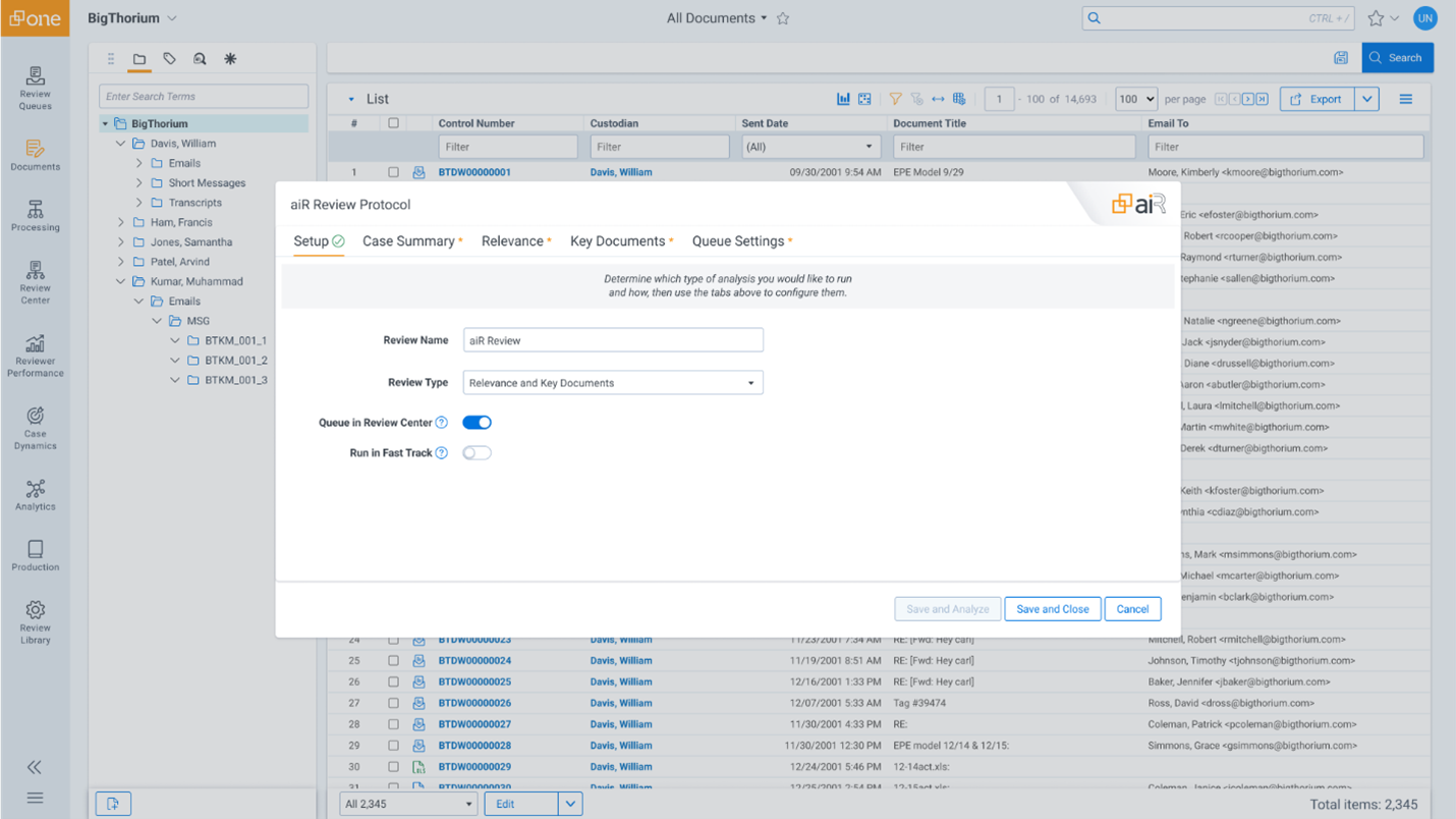 Relativity aiR for Review protocol screenshot