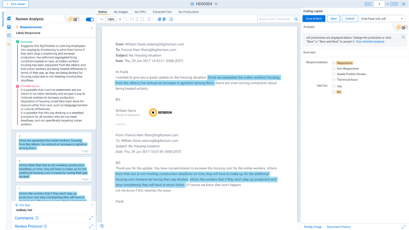 Relativity aiR for Review review analysis screenshot
