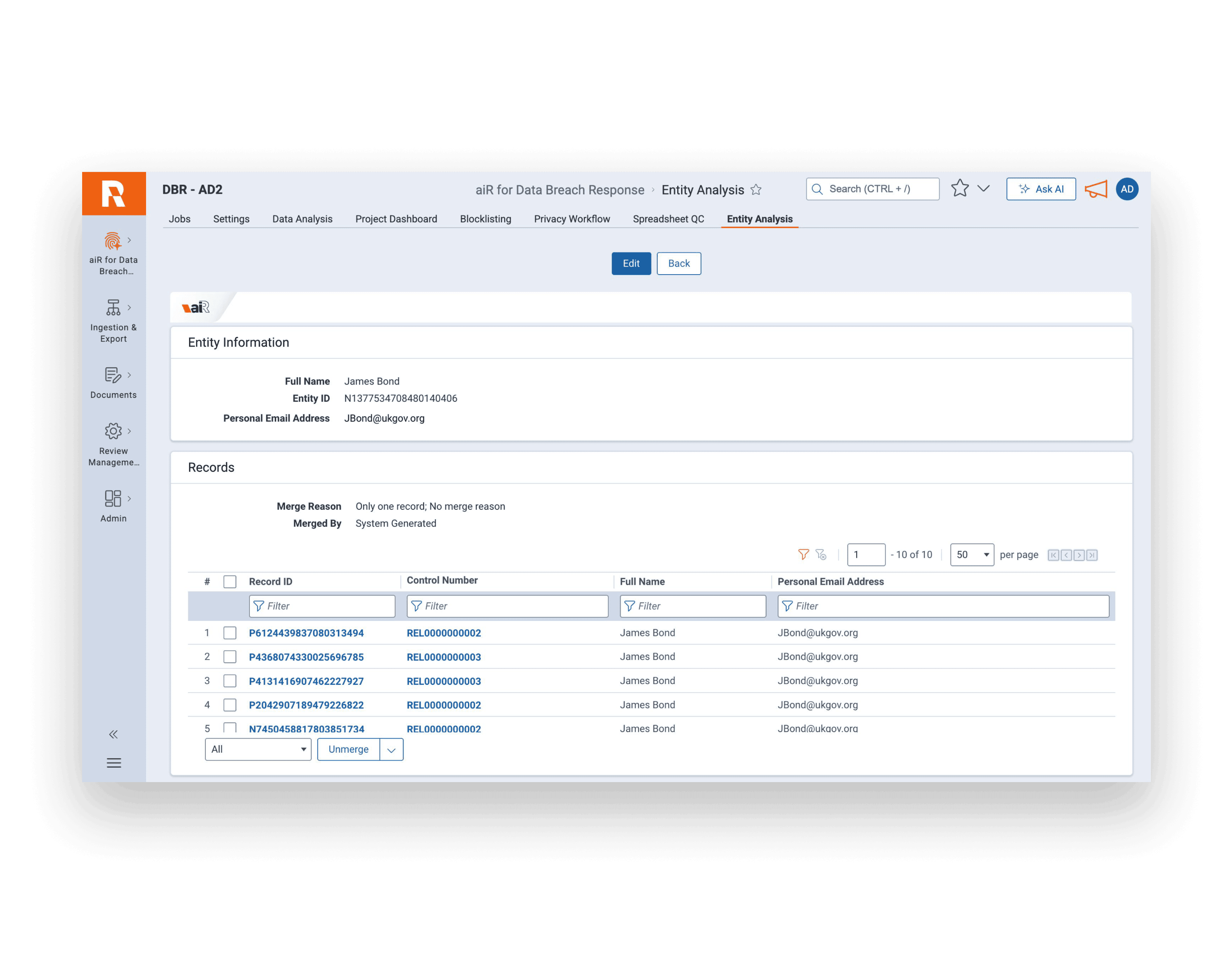 aiR for Data breach response - Review and normalize entities screenshot