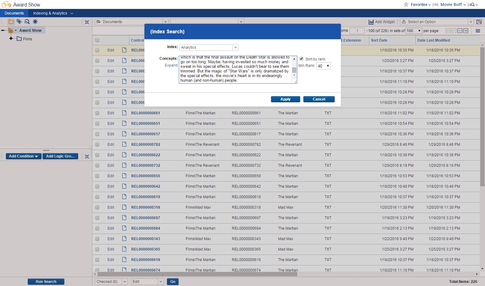 Concept Searching with Movie Reviews