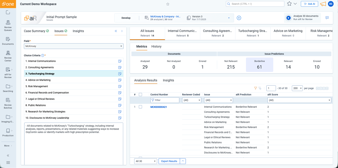 Issues Analysis in Relativity aiR for Review