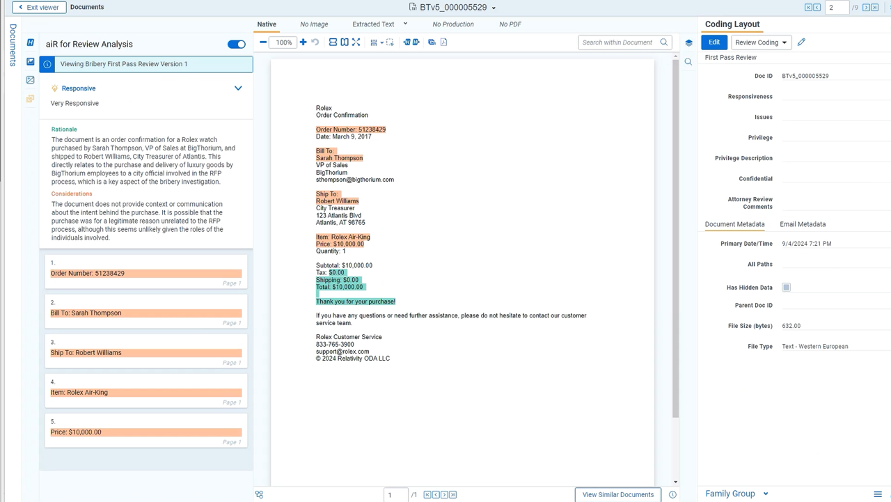 Relativity aiR for Review screenshot